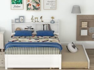 Full Bed with Twin Trundle and Bookcase Headboard, Wooden Full Size
