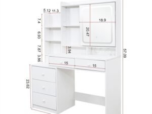 Large Vanity Makeup Table with Sliding Mirror and LED Lights, White Vanity Desk with 3 Lighting