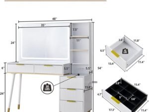 48″ Vanity Desk with 35″ Large Lighted Mirror, Big Modern Makeup Vanity Table with 5 Drawers