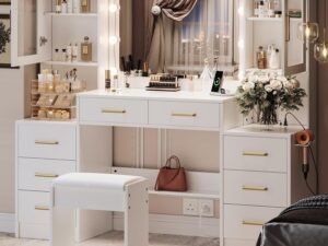 58.3″ Large Vanity Desk with Mirror & Lights, Makeup Vanity with 10 LED Lights, 8 Metal Sliding Drawers & 2 Cabinets