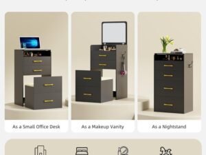 3 in 1 Vanity Desk with Plip Top Mirror,Compact Makeup Vanity with 3 Drawers,Cushioned Tool