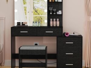 Large Vanity Desk with Mirror & 10 LED Lights, Makeup Vanity Dressing Table with Power Strip