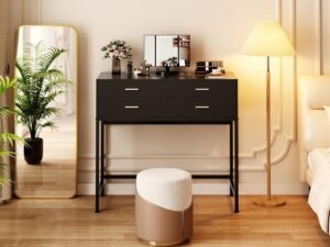 31.5 Inch Black Desk with 3 Drawers, Modern Makeup Vanity Desk with Lighted Mirror