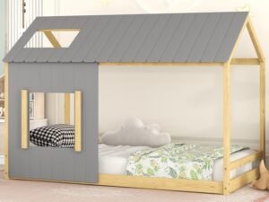 Twin Size Montessori Bed Frame, Twin Size House Floor Bed Frame with Headboard, Roof and Window