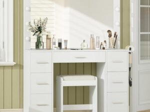 43” W Vanity Desk with Power Outlet, Makeup Vanity with Lighted Mirror and 7 Drawers, 3 Colors Lighting Modes Vanity