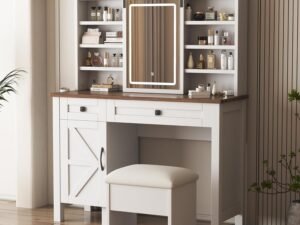 Farmhouse Vanity Desk with LED Lighted Mirror, Makeup Vanity Desk with Sliding Mirror