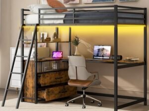 Metal Twin Size Loft Bed with Desk and Storage Drawers,LED Loft Bed Twin with USB Charging Station,Heavy Duty Loft Bed Frame