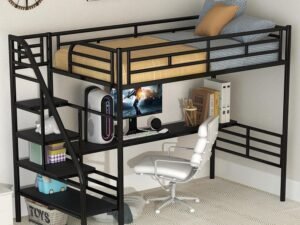 Twin Loft Bed with Desk and Storage Stairs, Heavy Duty Loft Bed with Atairs and Full-Length Guardrail
