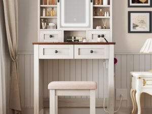 Farmhouse Vanity Desk with LED Lighted Sliding Mirror  Makeup Vanity Table with 4 Drawers Shelves