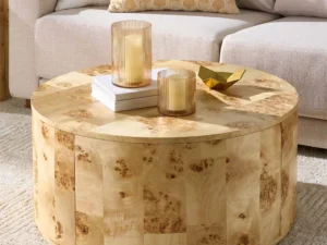 burlwood round coffee table, light burl wood veneer