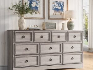 Gray Dresser for Bedroom, Modern Farmhouse Wide 10 Drawer Dresser, Chest of Drawers for Living Room