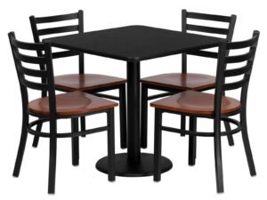 BizChair 30” Square Black Laminate Table Set with 4 Ladder Back Metal Chairs – Cherry Wood Seat